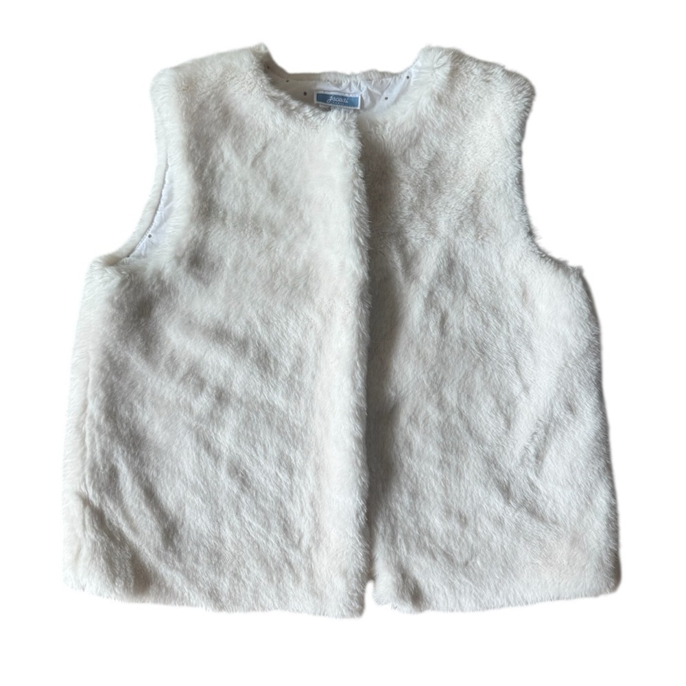 Jacadi Kids Girls Size 10 Faux Fur White Sleeveless Jacket Shrug Snap Closure